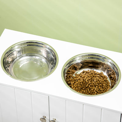 PawHut Raised Pet Feeder, with Two Bowls, Storage - White 
