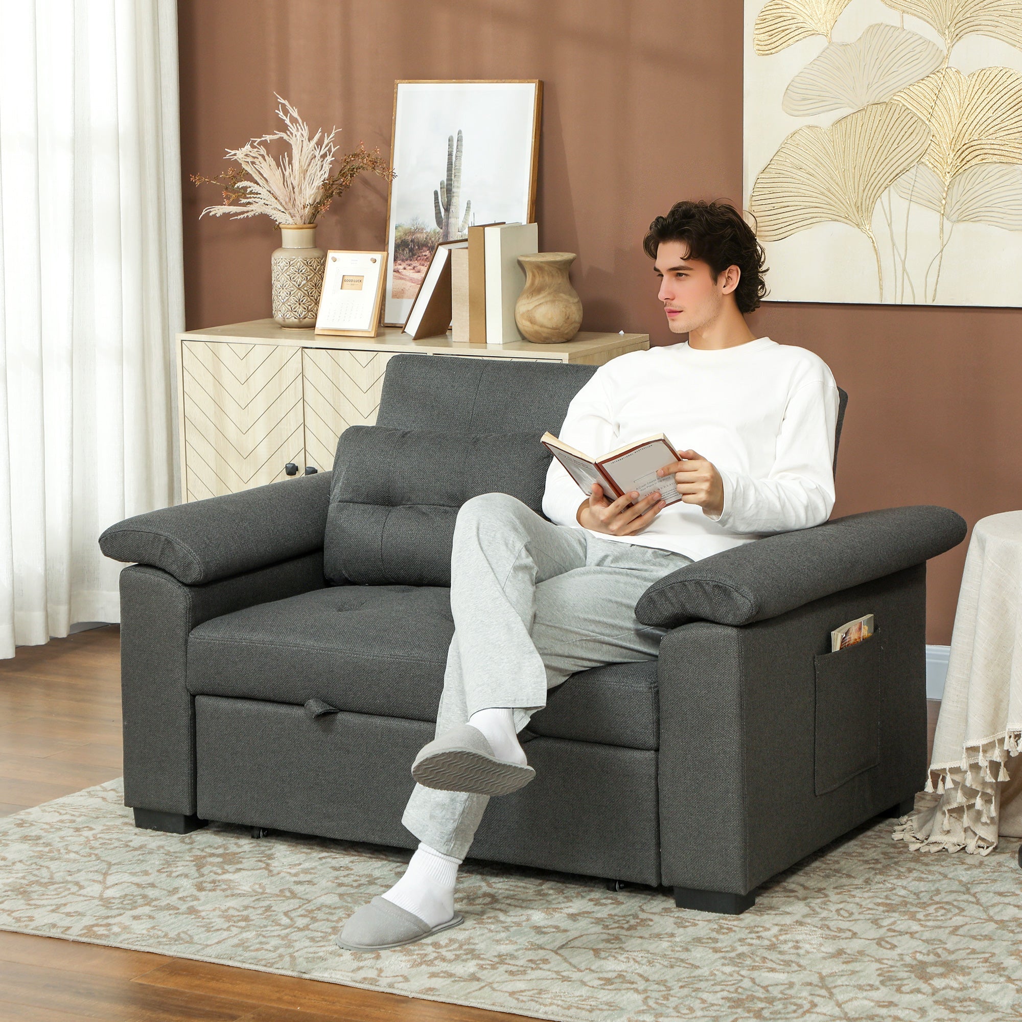 HOMCOM Pull Out Sofa Bed with 2 Pocket Springs, Fabric 2 Seater Click Clack Sofa Bed Settee, Convertible Sofa Couch with Pillows and Side Pockets for Living Room, Home Office, Charcoal Grey 