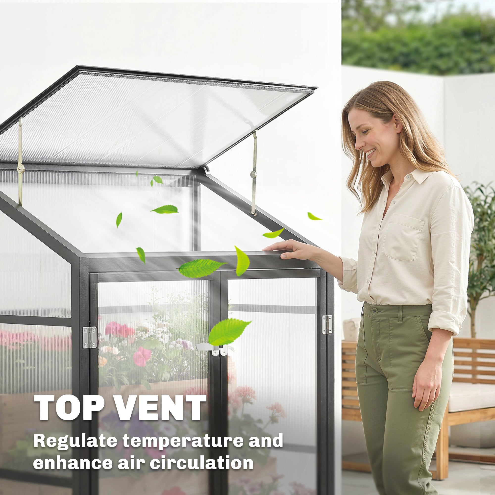 Outsunny Polycarbonate Greenhouse with Hinged Door, Top Vent, Lean-to Green House, Walk-in Greenhouse, 4 x 2ft, Black 
