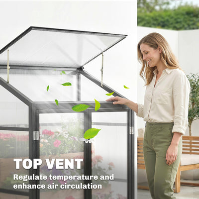 Outsunny Polycarbonate Greenhouse with Hinged Door, Top Vent, Lean-to Green House, Walk-in Greenhouse, 4 x 2ft, Black 