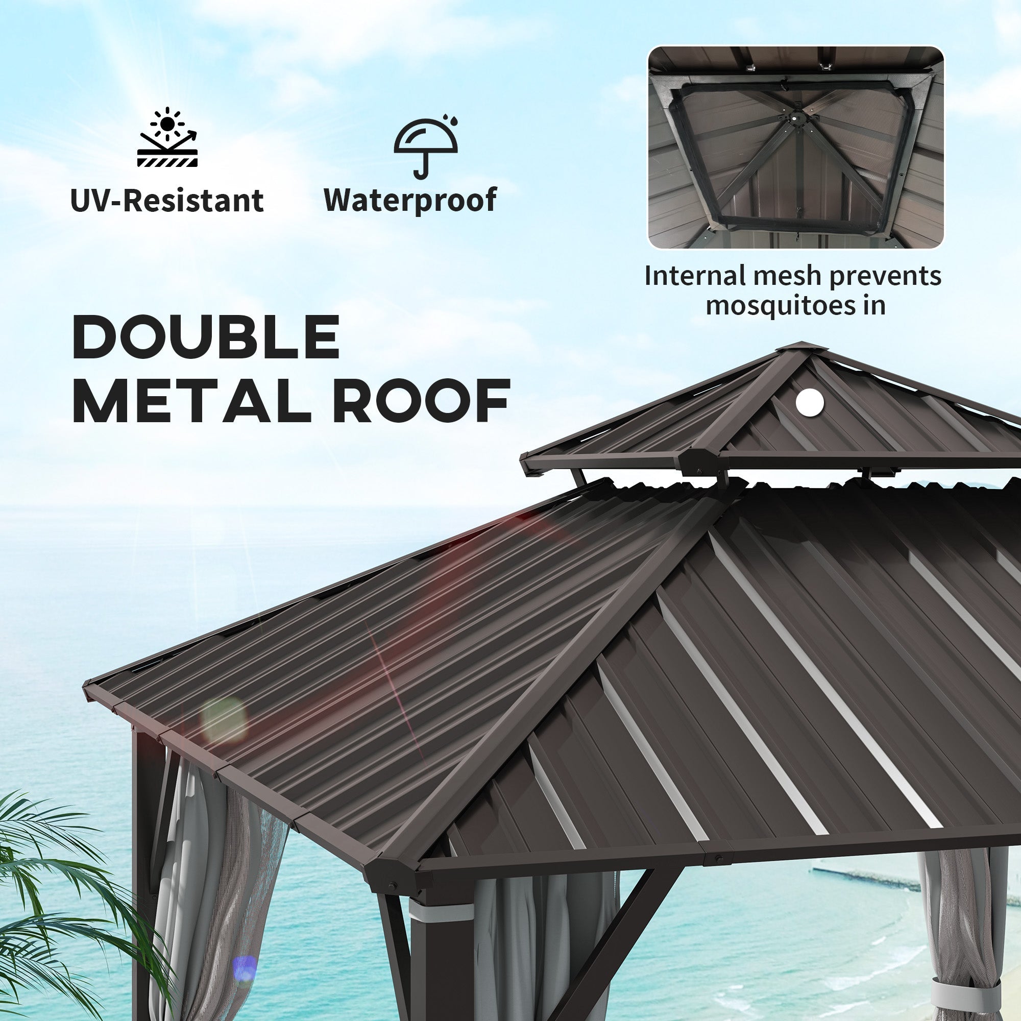 Outsunny 3 x 3(m) Hardtop Gazebo Canopy with Double Metal Roof, Waterproof Permanent Pavilion Garden Gazebo with Netting and Curtains, Easy to Assemble 