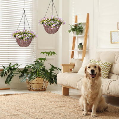 HOMCOM Artificial Flowers in Basket Set of 2, Artificial Hanging Baskets with 75 Leaves and 15 Flowers in Pot, Decorative Plant for Home Office Decor, Purple 