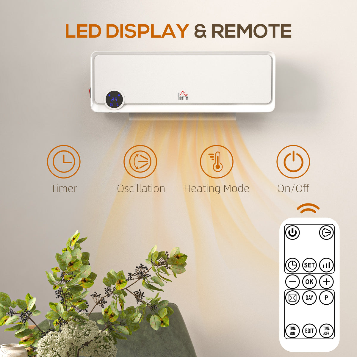 HOMCOM Wall Downflow Heater 2 Heat and Fan 1000W/2000W, Electric Space Heater with Timer Remote Oscillating, for Bedroom Home Office, White 