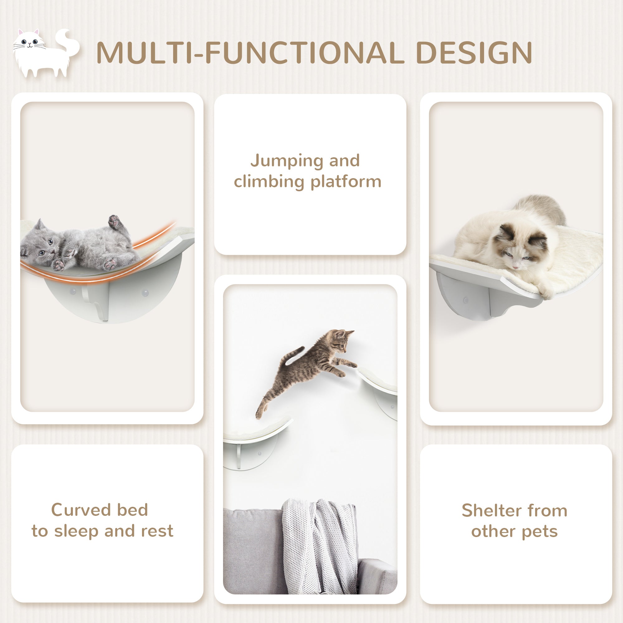 PawHut Wood Cat Shelves Wall-Mounted Shelter Curved Kitten Bed Cat Perch Climber Cat Furniture 41 x 28 x 21cm White 