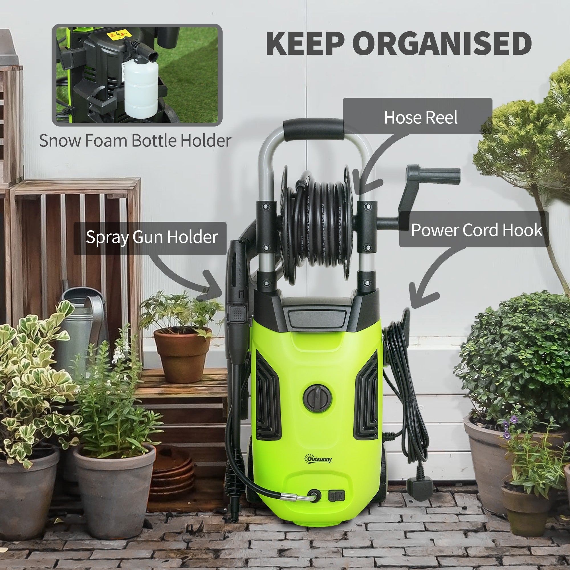 Outsunny 1800W High Pressure Washer, 150 Bar Pressure, 420 L/h Flow, Portable Power Washer Jet Wash Cleaner with Adjustable Nozzle, 6M Hose, Hose Reel, Steel Handle for Home Patio Car Driveway, Green 