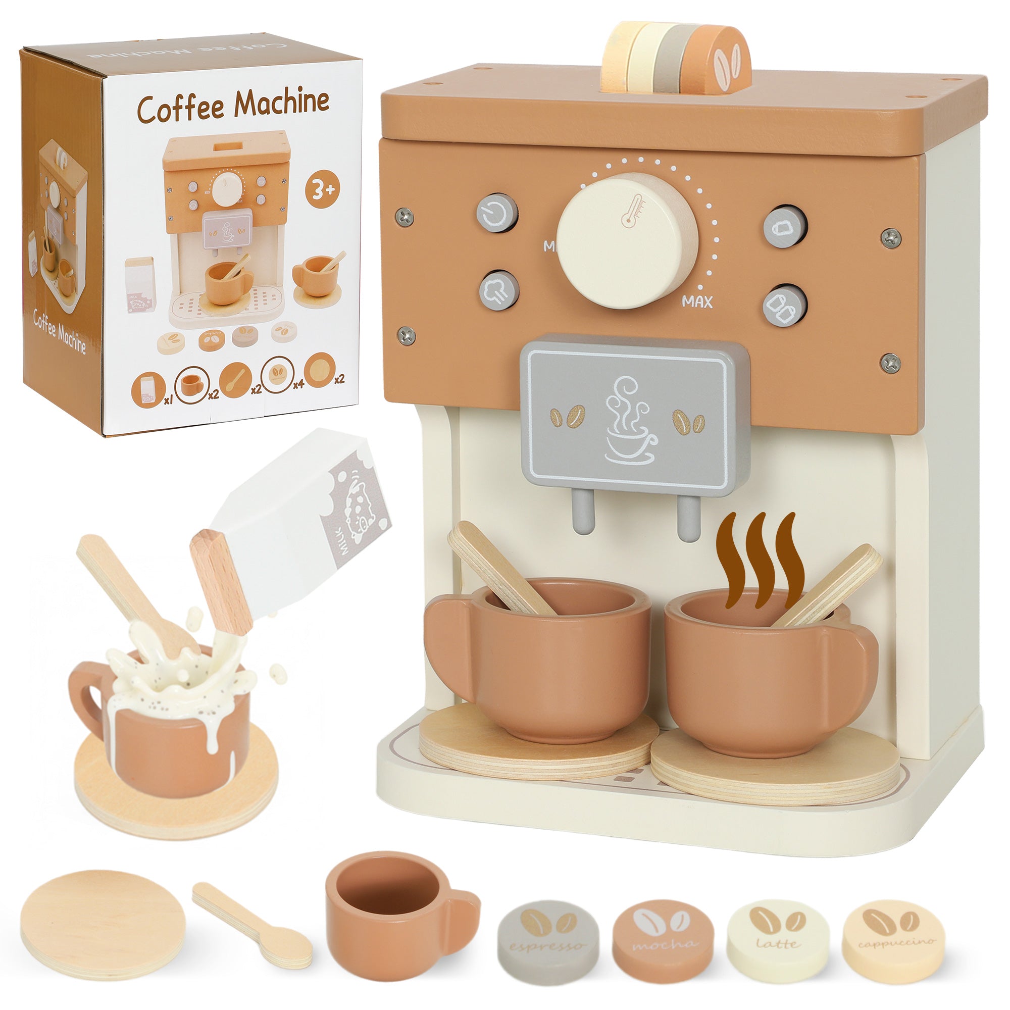 AIYAPLAY Kids Wooden Coffee Machine Toy, Pretend Play Kitchen Accessories Gift for Boys and Girls Ages 3+ 