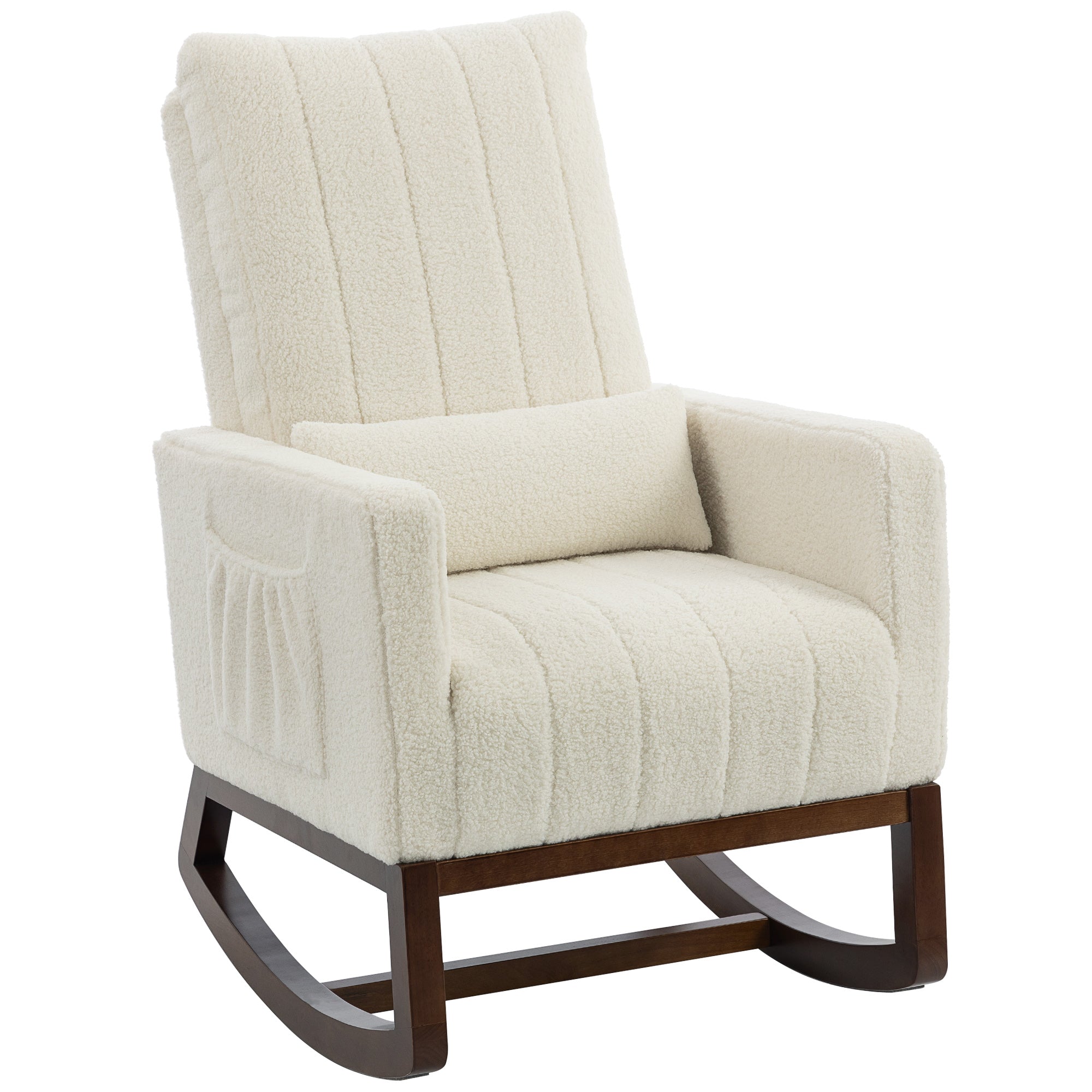 HOMCOM Rocking Chair for Adults, Lounge Rocker Chair with Lumbar Pillow, High Back, Wood Base, Side Pockets, Cream White 