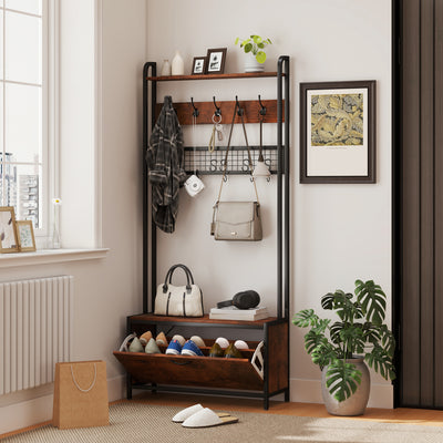 HOMCOM 5-In-1 Industrial-Style Hallway Tree - Brown/Black 