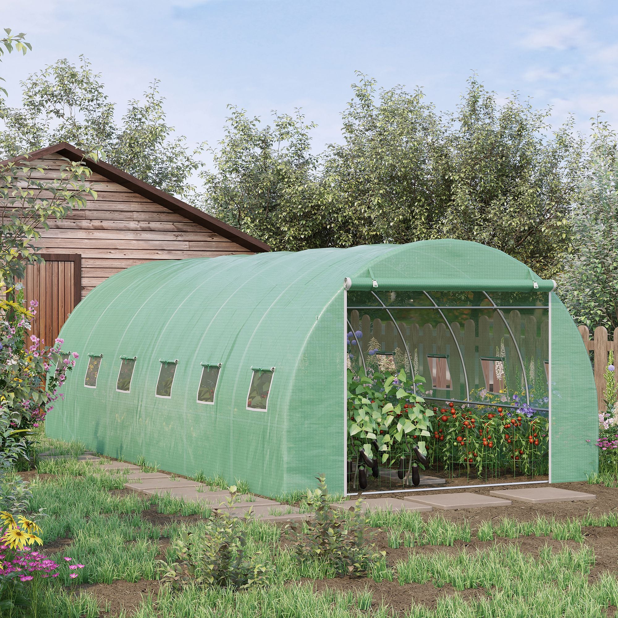 Outsunny 6 x 3 x 2 m Polytunnel Greenhouse with Roll-up Door and 12 Mesh Windows, Walk-in Garden Tunnel Warm House Tent with UV-resistant PE Cover and Galvanised Steel Frame, Green 