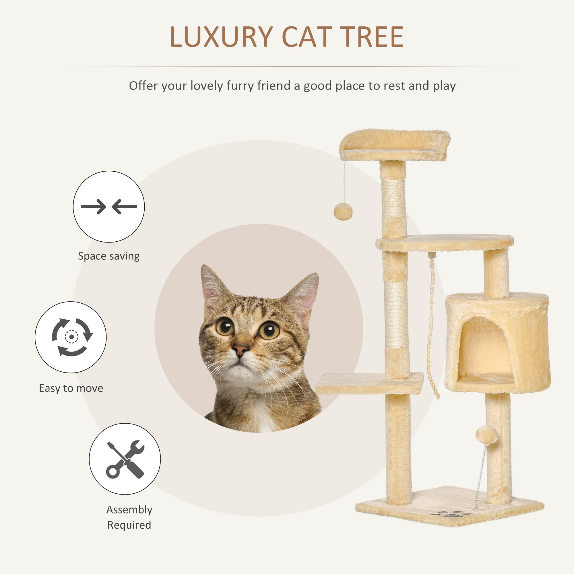 PawHut Cat Tree for Indoor Cats Pet Activity Centre Kitty Condo Climbing Scratching Post with Toys 4-tier 114cm Tall Beige 