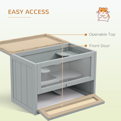 PawHut Wooden Hamster Cage Mouse Mice Rodent Small Animals Hutch Exercise Play House 60 x 35 x 42cm, Grey 