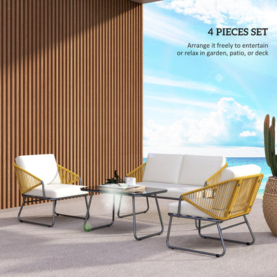 Outsunny 4 Piece Rattan Garden Furniture Set, Wicker Patio Outdoor Furniture Set with Loveseat, Armchairs, Glass Top Coffee Table and Cushions for Patio, Conservatory, Balcony, Natural Wood Finish 
