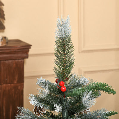 HOMCOM 4FT Artificial Snow Dipped Christmas Tree Xmas Pencil Tree Holiday Home Party Decoration with Foldable Feet Red Berries White Pinecones, Green 