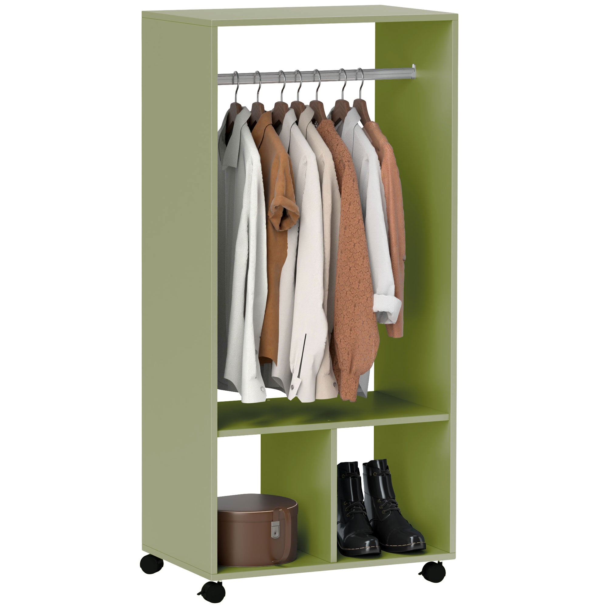 HOMCOM Open Wardrobe on Wheels, Bedroom Wardrobe with Clothes Hanging Rail, 2 Storage Shelves, Mobile Garment Rack for Cloakroom, Hallway, Green 