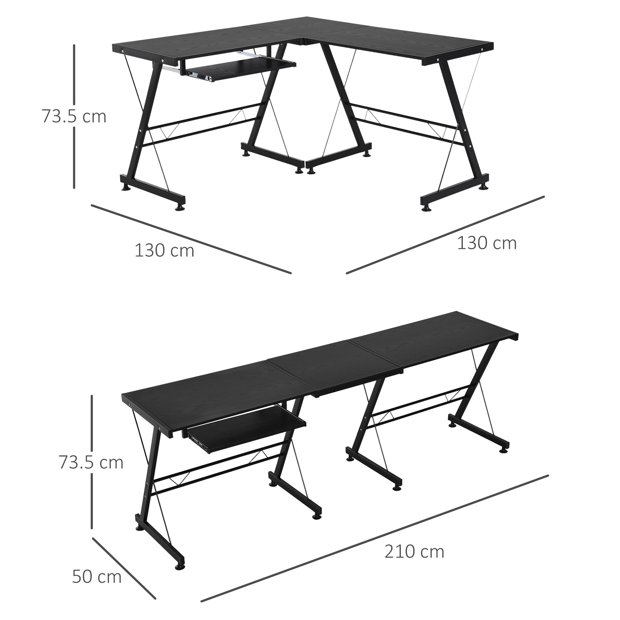 HOMCOM L Shaped Gaming Desk, Corner Computer Desk with Keyboard Tray, Work Table for Home Office, Study Workstation, 130 x 130 x 73.5cm, Black 
