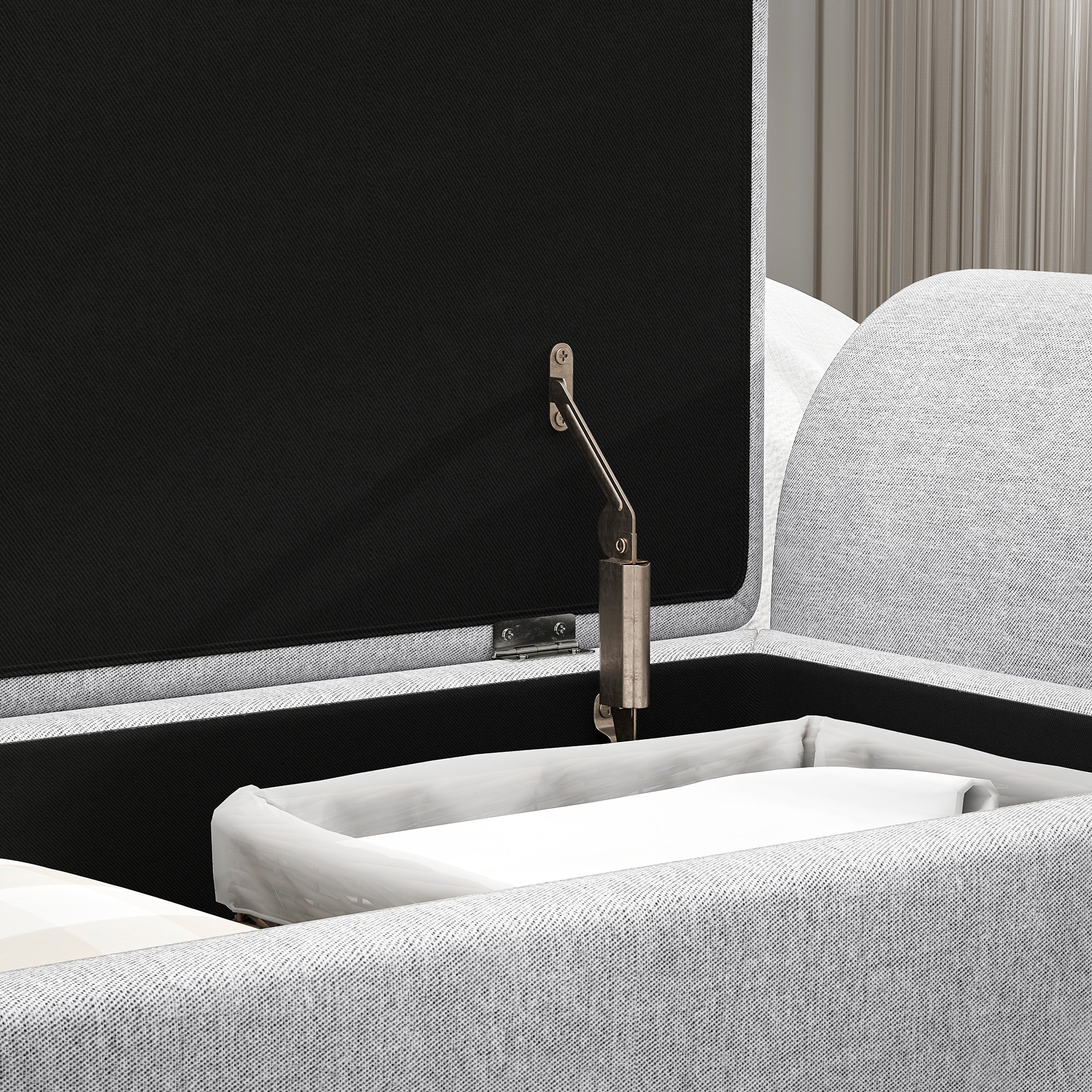 HOMCOM Storage Ottoman with Armrest, Upholstered Linen Storage Bench, Window Seat with Rubberwood Legs, Footstool for Bedroom Living Room, Hallway, Light Grey 