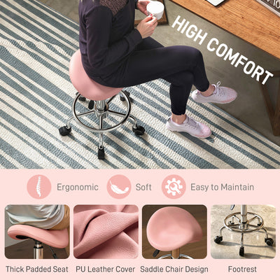 HOMCOM Salon Saddle Stool, Rolling Saddle Chair for Massage, Spa, Clinic, Beauty, Hairdressing and Tattoo, Pink 