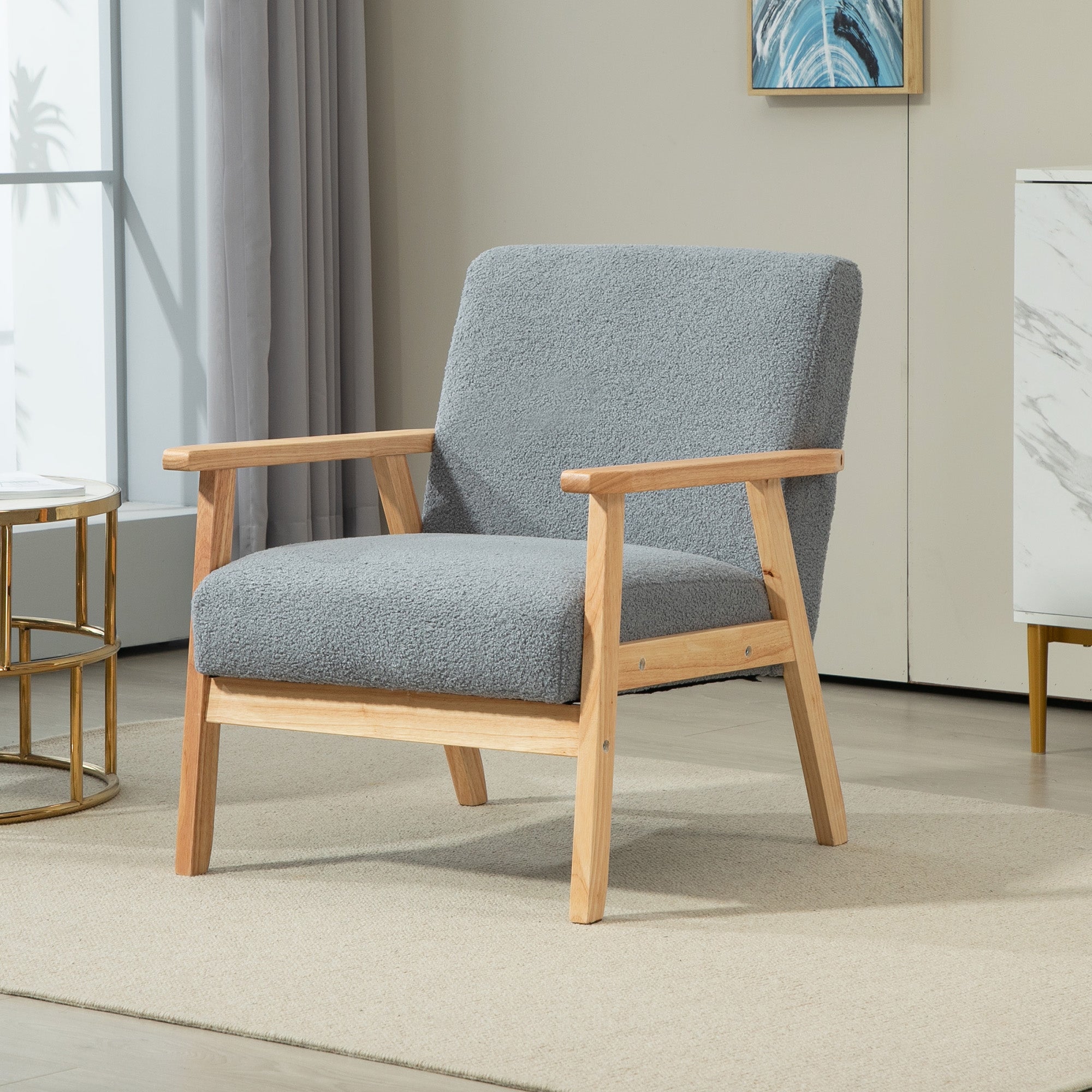 HOMCOM Accent Chair Wood Frame with Thick Cashmere Cushions Wide Seat Armchair Home Furniture Bedroom Office Grey 