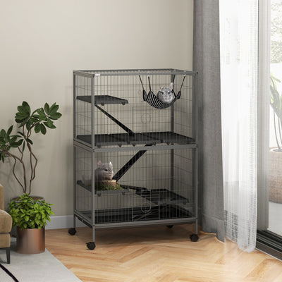 PawHut Small Animal Cage for Chinchilla Ferret Kitten on Wheels with Hammock Removable Tray, Grey 