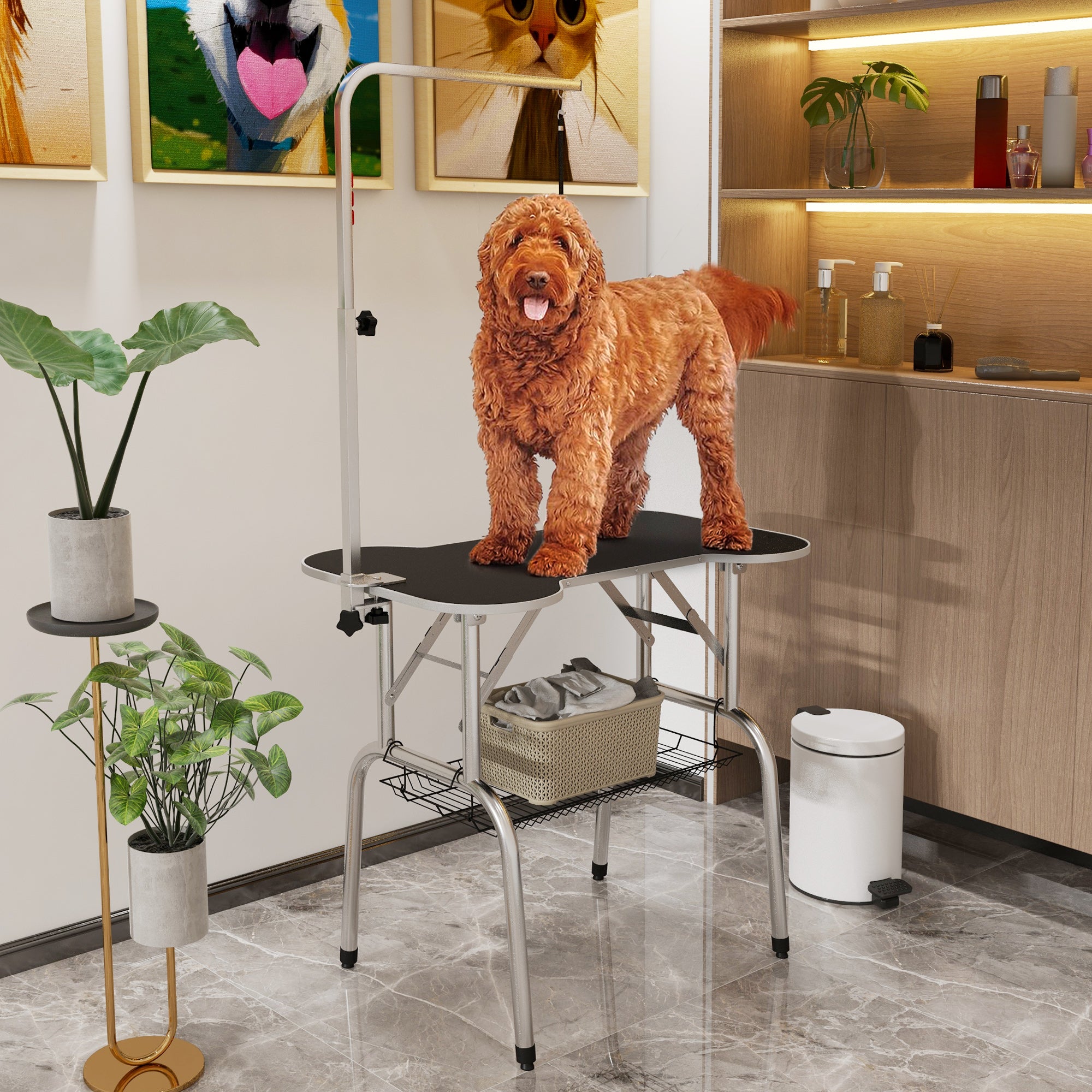 PawHut Foldable Dog Grooming Table Pet Drying Table with Adjustable Arm Non-Slip Rubber Tabletop Aluminium Alloy Edge Stainless Steel Bar Sling 94.5 x 55 x 81cm Black 