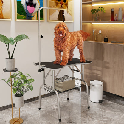 PawHut Foldable Dog Grooming Table Pet Drying Table with Adjustable Arm Non-Slip Rubber Tabletop Aluminium Alloy Edge Stainless Steel Bar Sling 94.5 x 55 x 81cm Black 