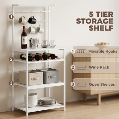 HOMCOM Freestanding Shelving Unit, Industrial Storage Shelf with 6 Hooks and Wine Rack for Living Room, Home Office, White