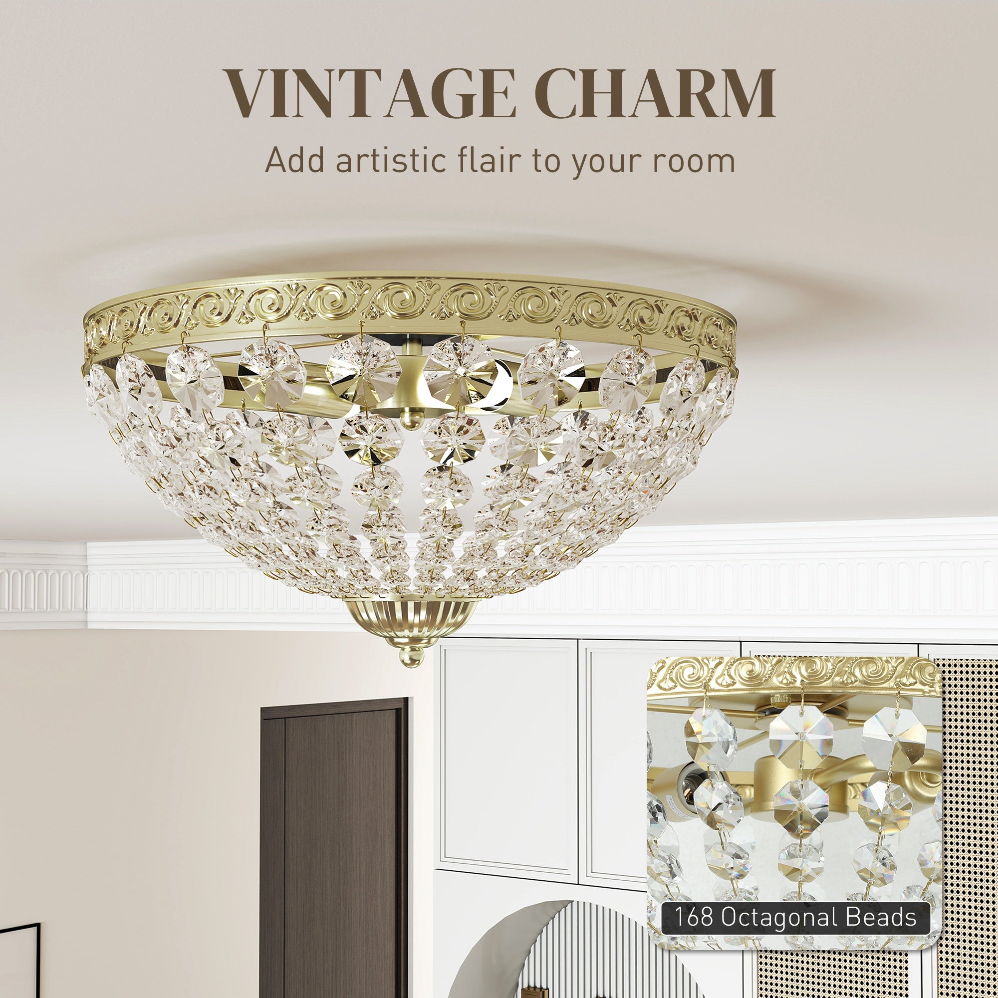 HOMCOM Crystal Chandelier Ceiling Light with 168 Octagonal Beads, Vintage 2-Light Flush Mount Ceiling Light for Living Room, Bedroom, Hallway, Dining Room, Gold Tone 