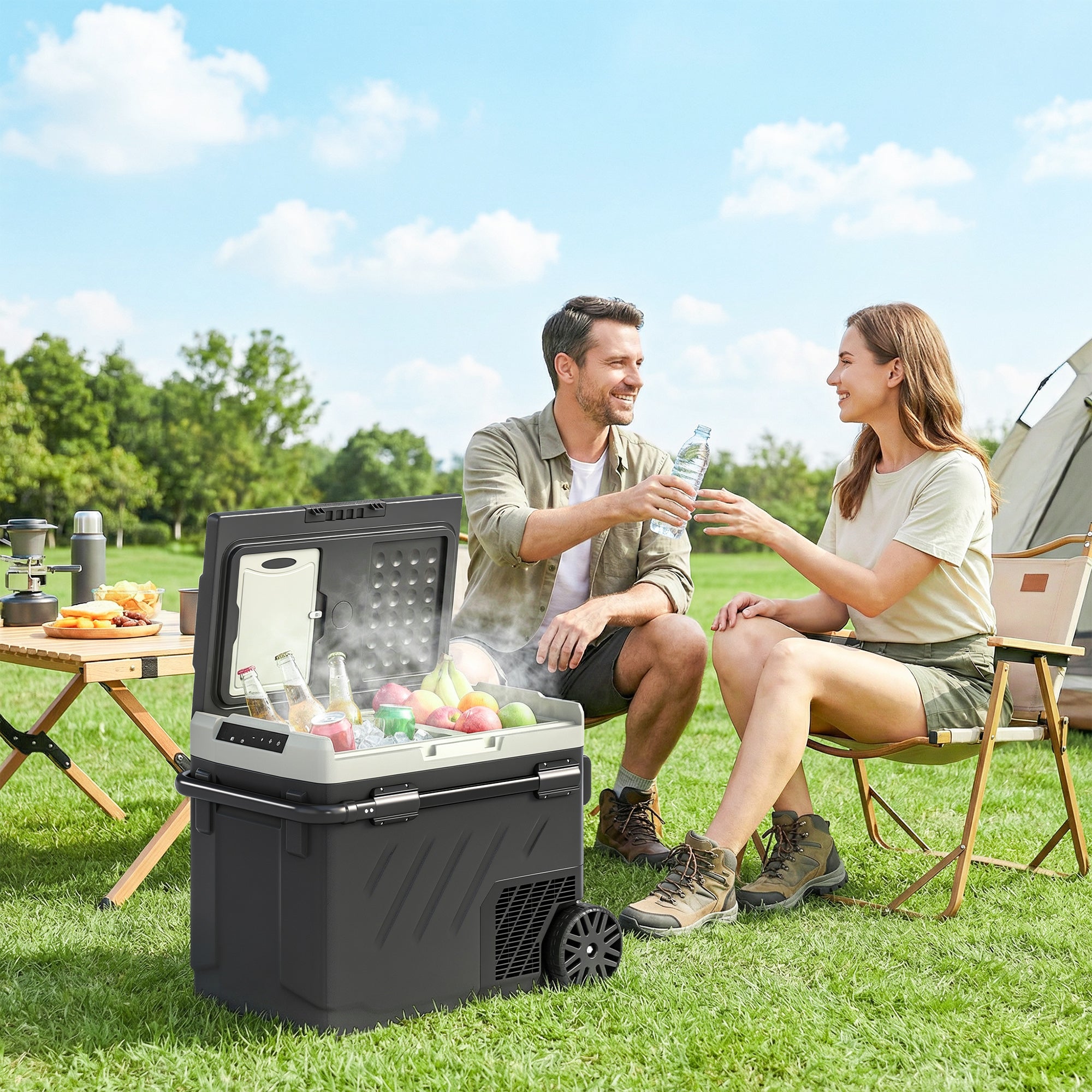 Outsunny 49L Compressor Car Fridge Freezer, Dual Zone Camping Refrigerator with App Control, Telescopic Handle, -20℃-20℃ 