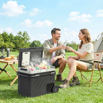 Outsunny 49L Compressor Car Fridge Freezer, Dual Zone Camping Refrigerator with App Control, Telescopic Handle, -20℃-20℃ 