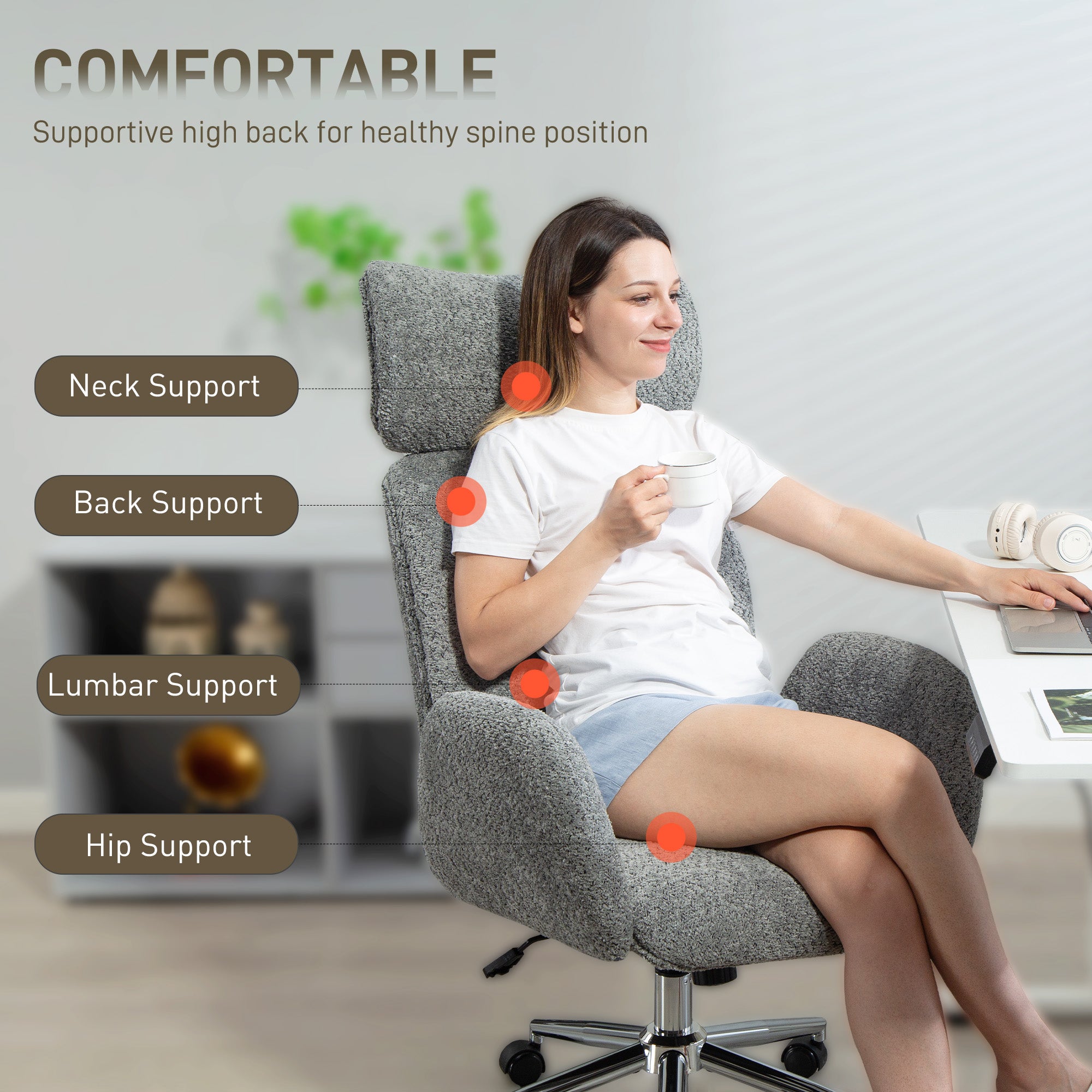 HOMCOM Office Chair with Adjustable Headrest, Spring Pack, Curved Line, Boucle Fabric - Charcoal Grey 