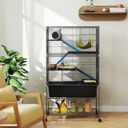 PawHut 5 Levels Rolling Small Animal Cage with Non Slip Ramps, Slide Out 16cm Deep Tray, 88 x 48 x 150.5cm, Dark Grey 
