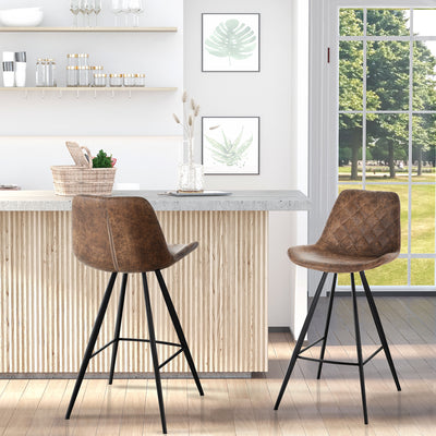 HOMCOM Set Of 2 Bar Stools Vintage Microfiber Cloth Tub Seats Padded Comfortable Steel Frame Footrest Quilted Home Bar Cafe Kitchen Chair Stylish Brown 