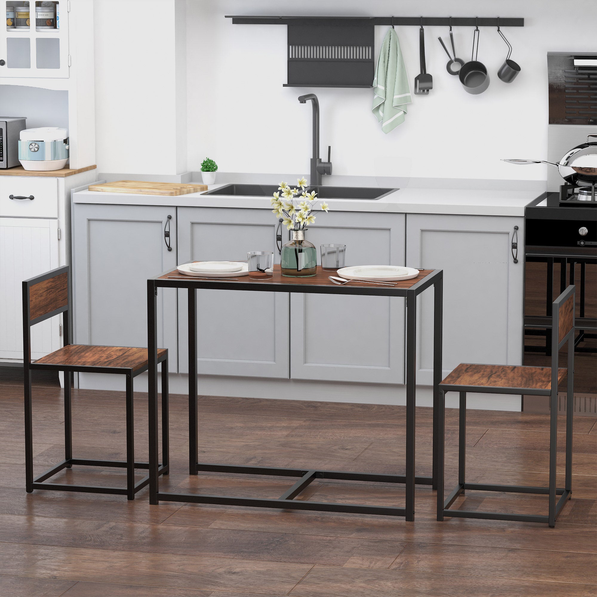 HOMCOM Dining Table and Chairs Set 2, Dining Room Sets, Rectangular Space Saving Table and 2 Chairs for Compact Kitchens, Steel Frame, Natural 