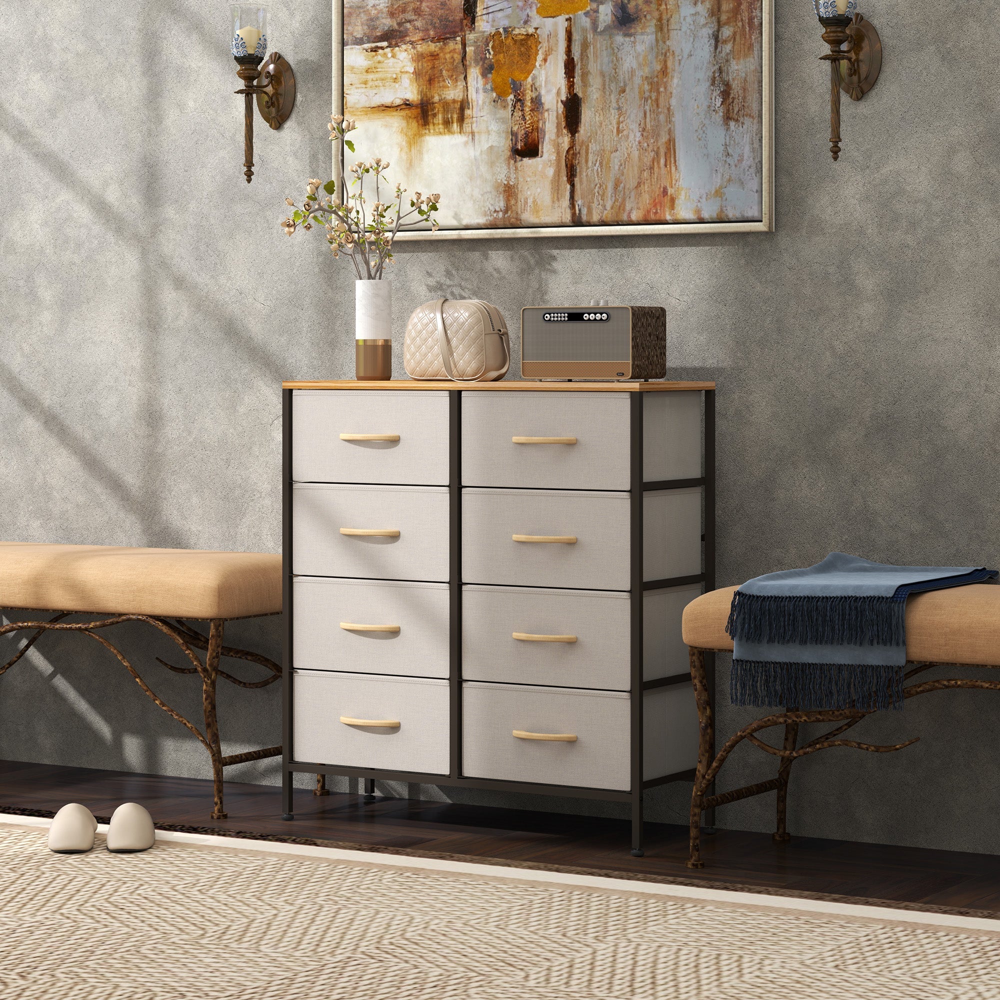 HOMCOM Fabric Chest of Drawers, Storage Drawers, Industrial Bedroom Dresser with 8 Fabric Drawers, Steel Frame and Wooden Top for Nursery, Living Room, Hallway, Cream White 