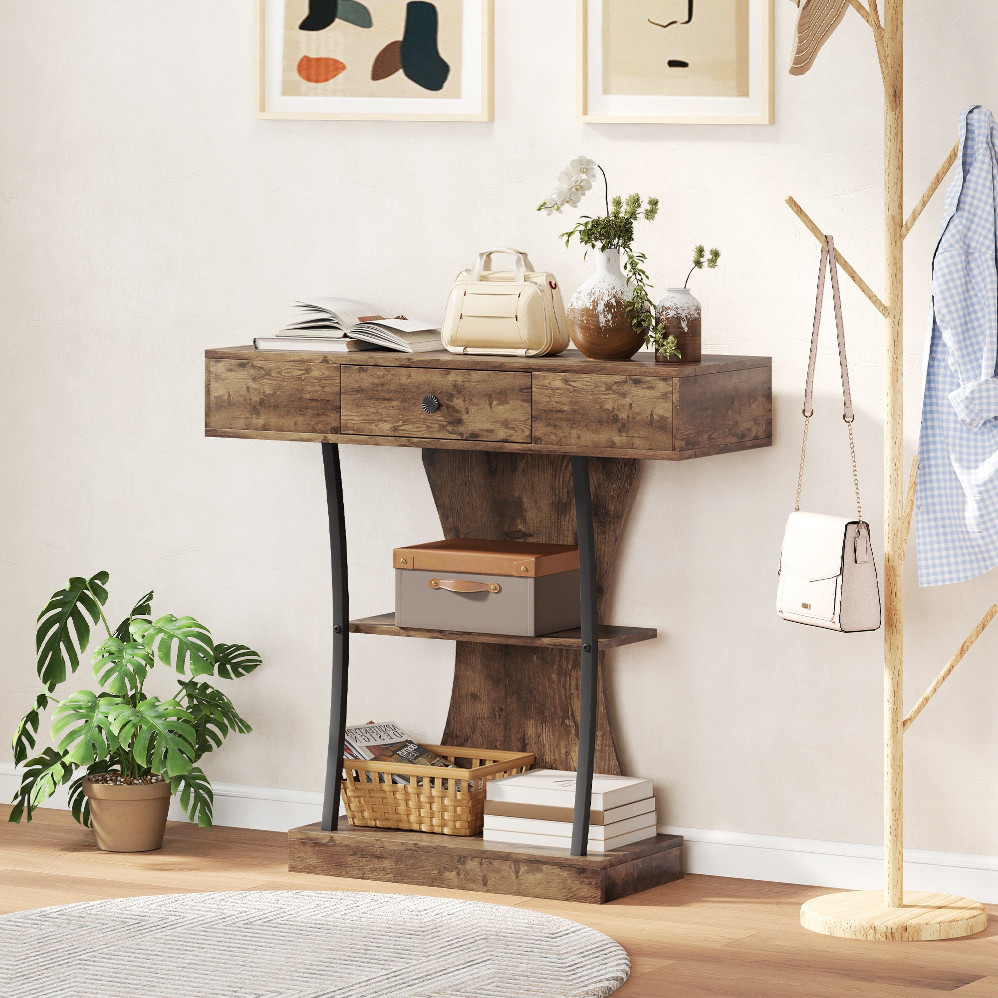HOMCOM Console Table, 3-Tier Industrial Hallway Table with Drawer, Storage Shelves, 91 x 32 x 87 cm, Rustic Brown 