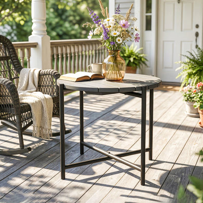 Outsunny 54 cm Round Outdoor Side Table, Industrial Small Garden Table with Slatted Wood Top and Metal Frame, Dark Grey 