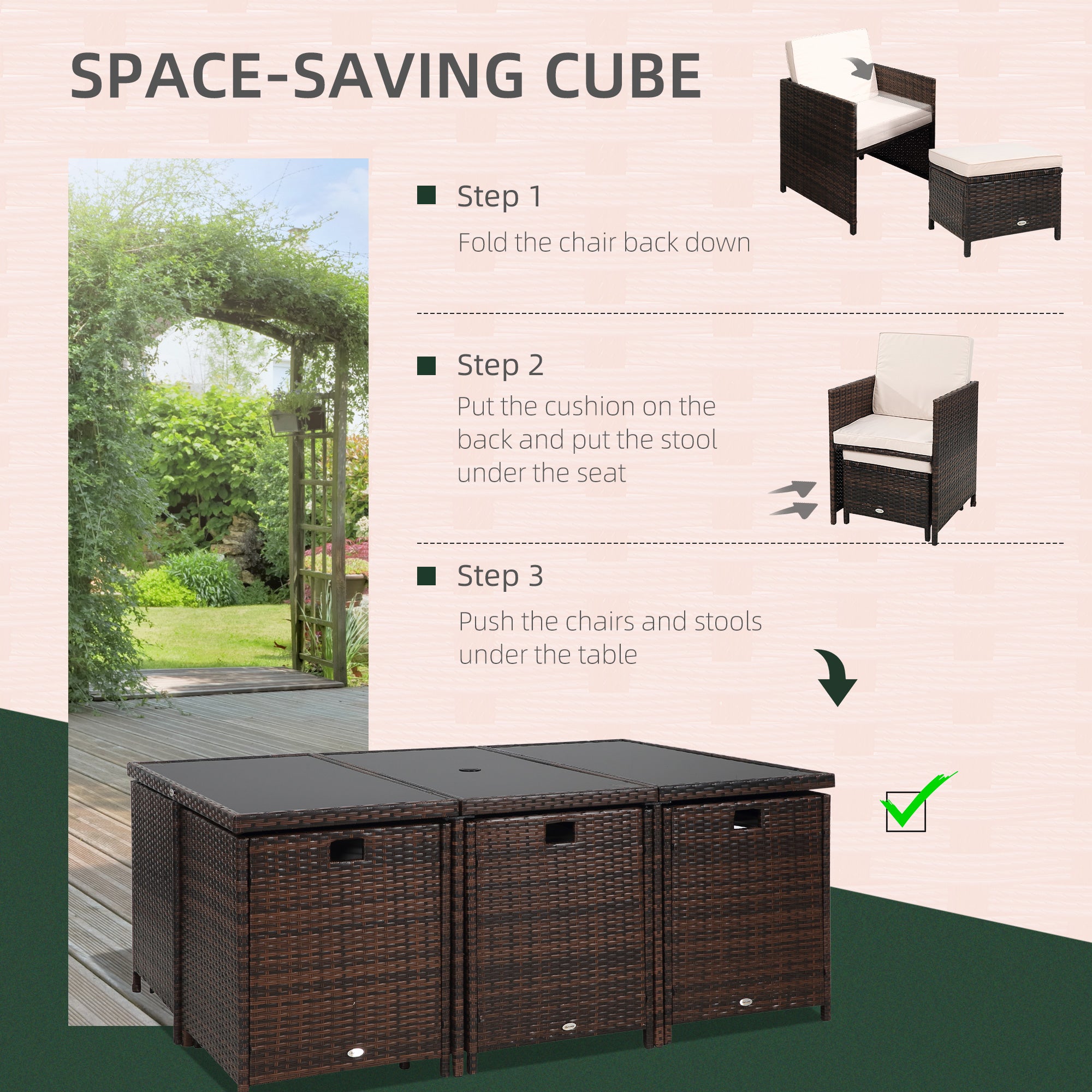 Outsunny 10 Seater Rattan Cube Garden Furniture Set with Parasol Hole, Rattan Dining Set with Cushions, Outdoor Dining Table and Chairs with Rectangular Glass Top Table for Patio, Mixed Brown 