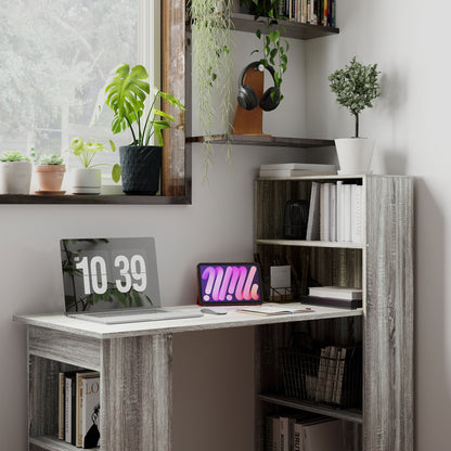 HOMCOM 120cm Modern Computer Desk Bookshelf Study Table Workstation PC Laptop Writing Home Office 6 Shelves, Grey Wood-Effect 