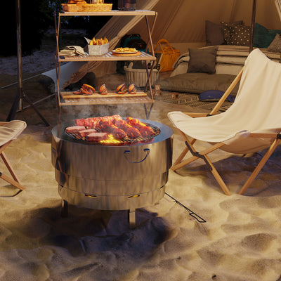 Outsunny Stainless Steel Wood-burning Fire Pit with Fire Poker - Silver 