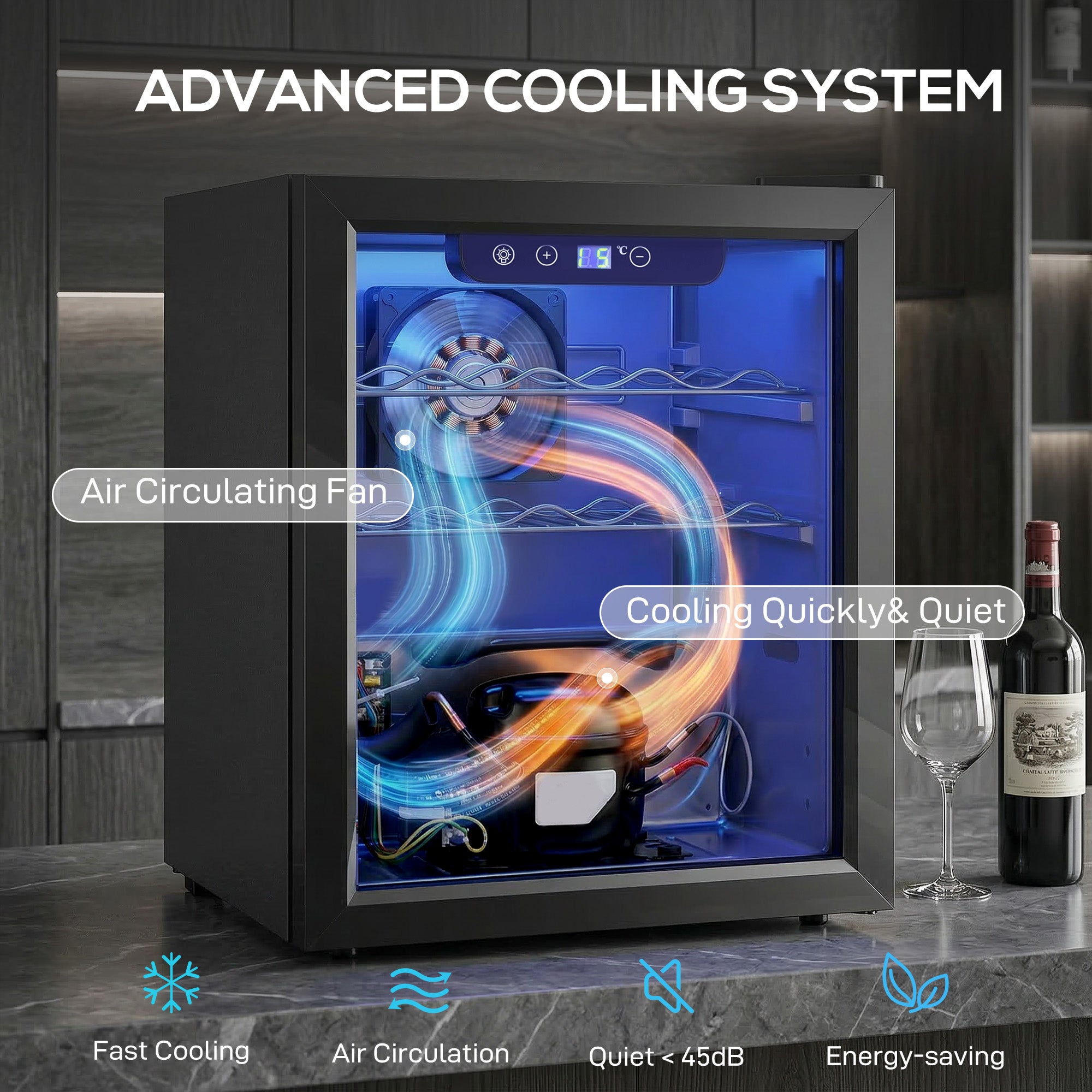 HOMCOM 16 Bottle Wine Cooler, 48 Litre Capacity, 4-16°C Under Counter Drinks Beer Wine Fridge with Glass Door, LED Light, Black 