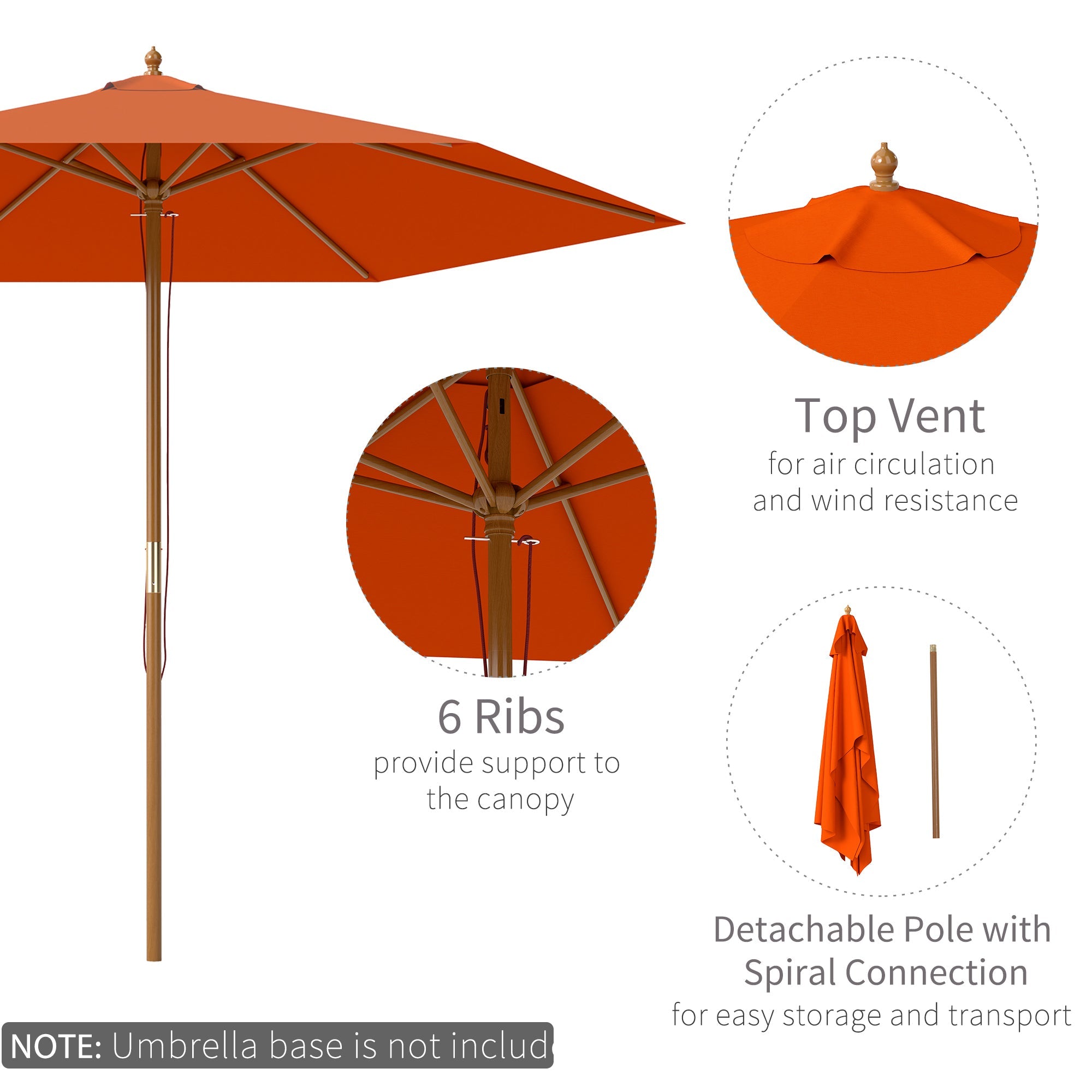 Outsunny 2.5m Wood Garden Parasol Sun Shade Patio Outdoor Wooden Umbrella Canopy Orange 
