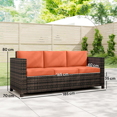 Outsunny 3 Seater Rattan Sofa All-Weather Wicker Weave Metal Frame Chair with Fire Resistant Cushio-Orange 