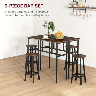 HOMCOM 6-Piece Bar Table Set, 2 Breakfast Tables with 4 Stools, Counter Height Dining Tables & Chairs for Kitchen, Living Room, Rustic Brown 