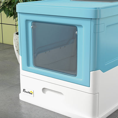 PawHut Hooded Cat Litter Box, Portable Pet Toilet, with Scoop, Front Entry - Light Blue 