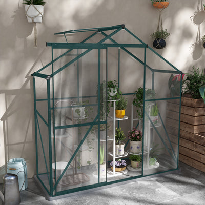 Outsunny 6 x 2.5ft Polycarbonate Greenhouse Walk-In Green House with Rain Gutter, Sliding Door, Window, Foundation, Green 