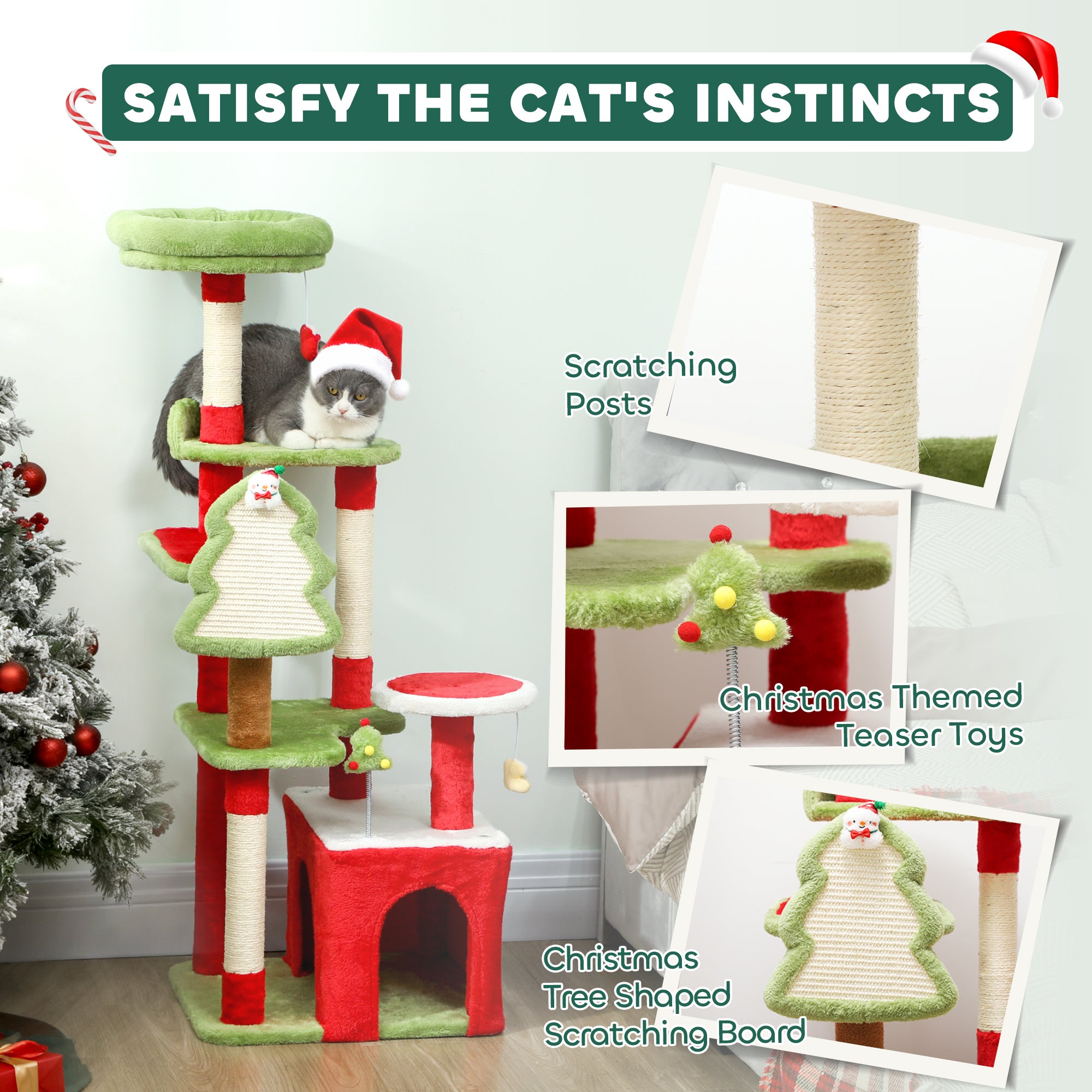 PawHut Cat Tree, 120cm Christmas Cat Tower with 3 Scratching Posts, Scratching Board, 2 Perches, Platforms, Toys, Green 