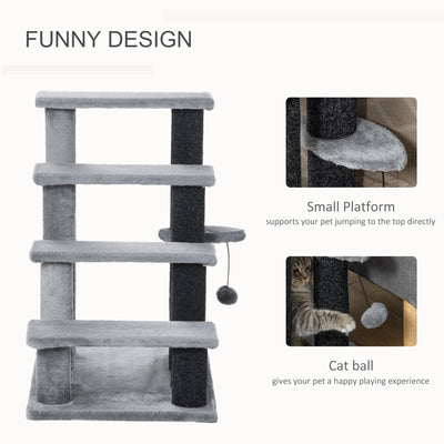 PawHut 4-step Pet Stairs with Scratching Posts, Platforms, Toy Ball, Grey 