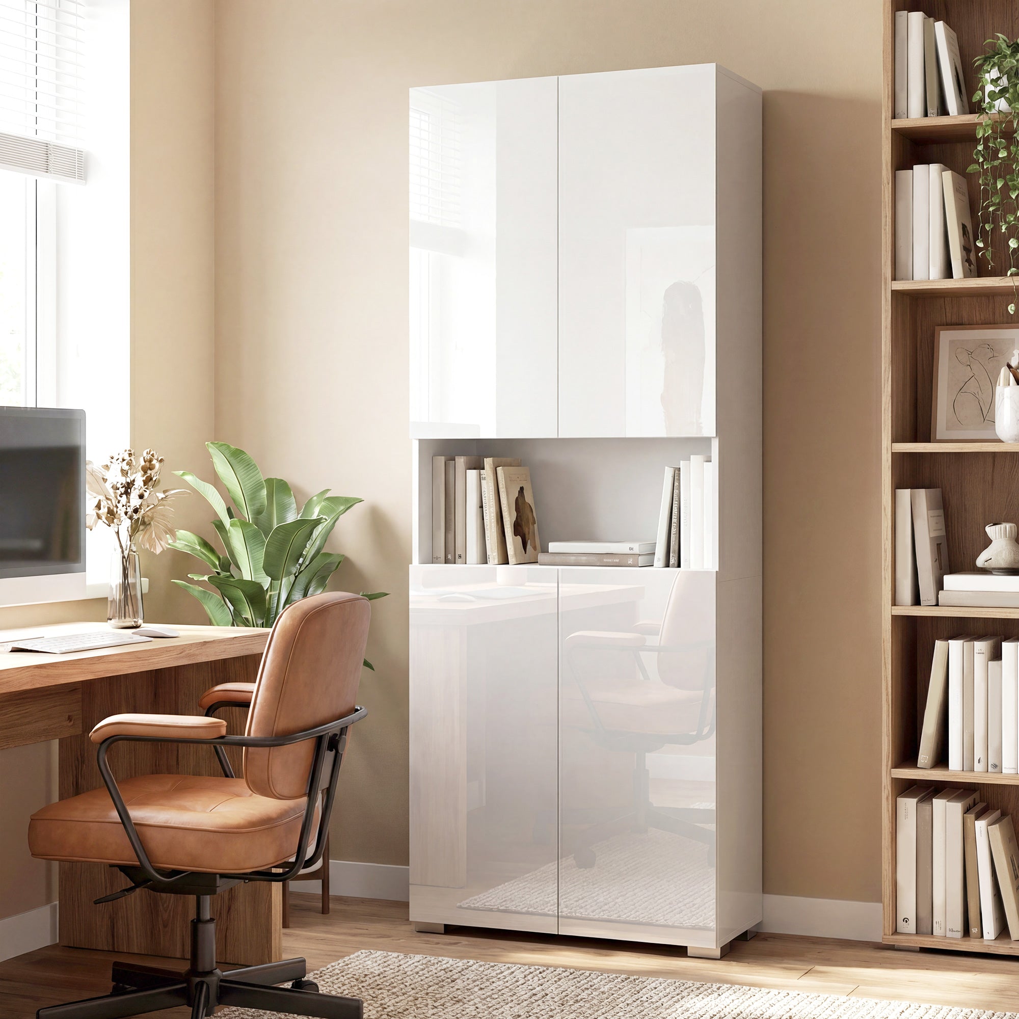 HOMCOM 180 cm Tall Kitchen Cupboard, Pantry Storage Cabinet with Soft Close Doors and Adjustable Shelves, High Gloss White 