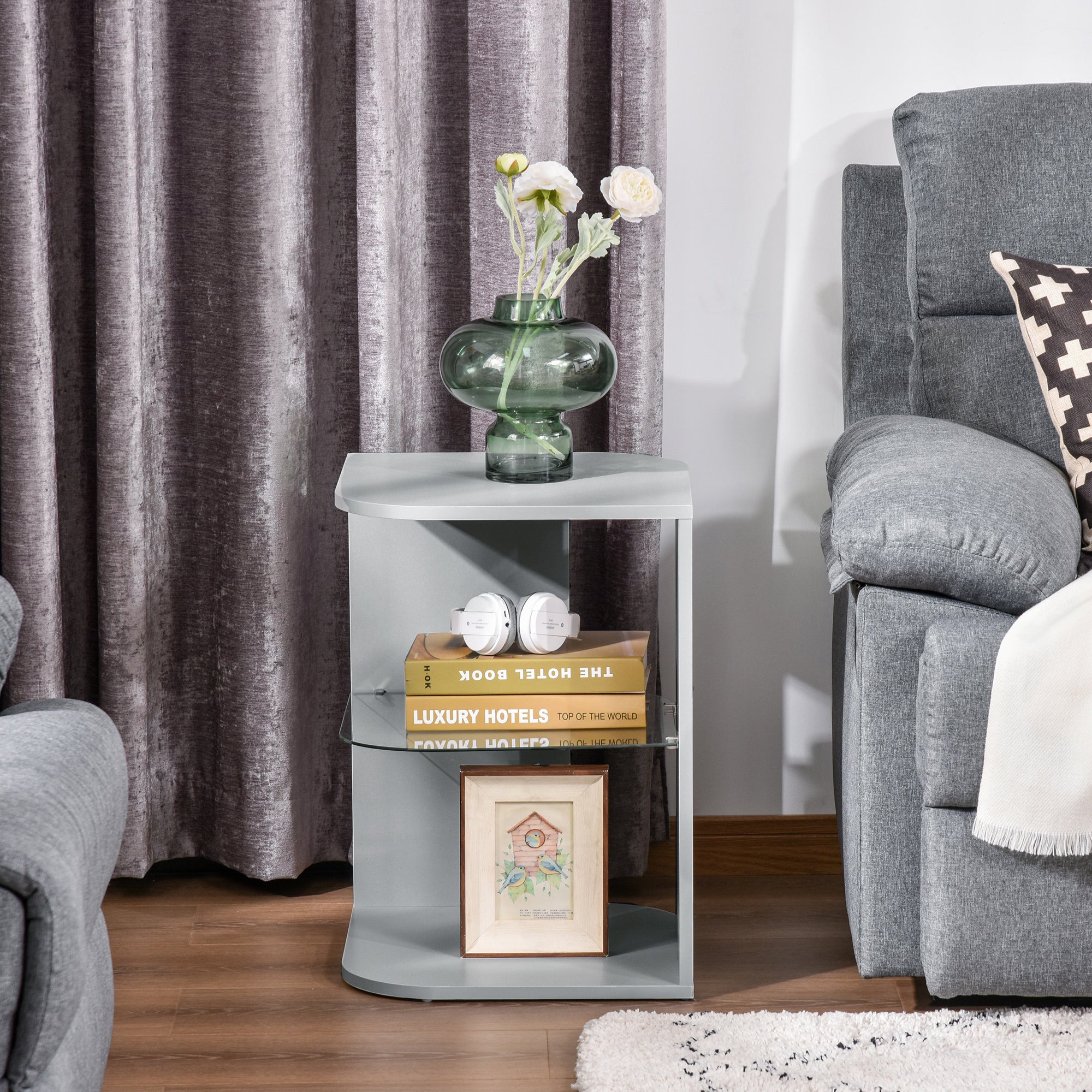 HOMCOM Modern Side Table Three Layer Bedside Table Nightstand with 2 Storage Shelves, for Living room, Bedroom, Grey 