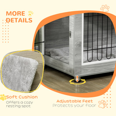 PawHut Dog Crate Furniture, Side End Table, Indoor Dog Kennel with Soft Washable Cushion, Wire Mesh, Large Top, for Medium and Large Dogs,90 x 58 x 65, Grey 